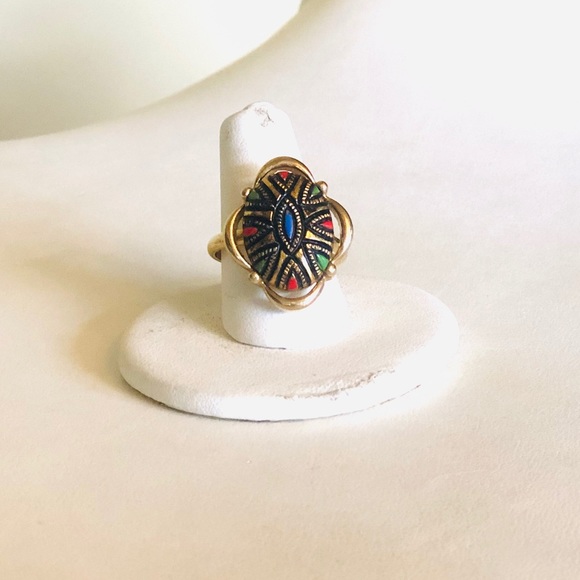 Vintage Black and Gold Glass Cab Colorful Ring - Picture 3 of 5